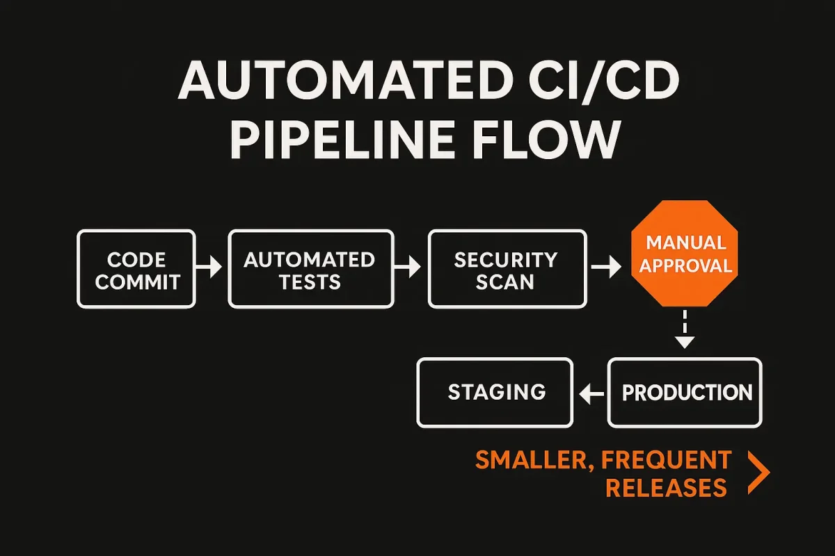 A horizontal DevOps pipeline diagram from code commit through testing and security checks, ending in deployment to production.